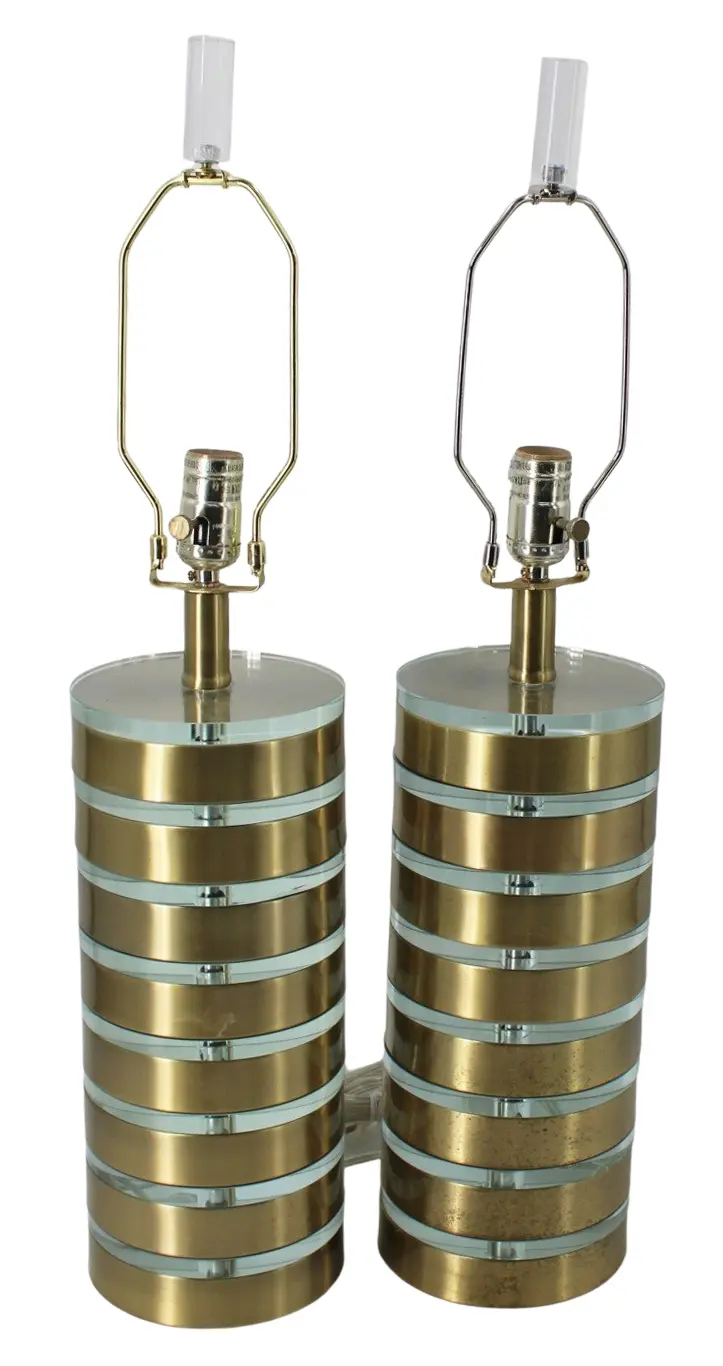 Midcentury Pr of gilt Metal Mounted Acrylic Lamps.