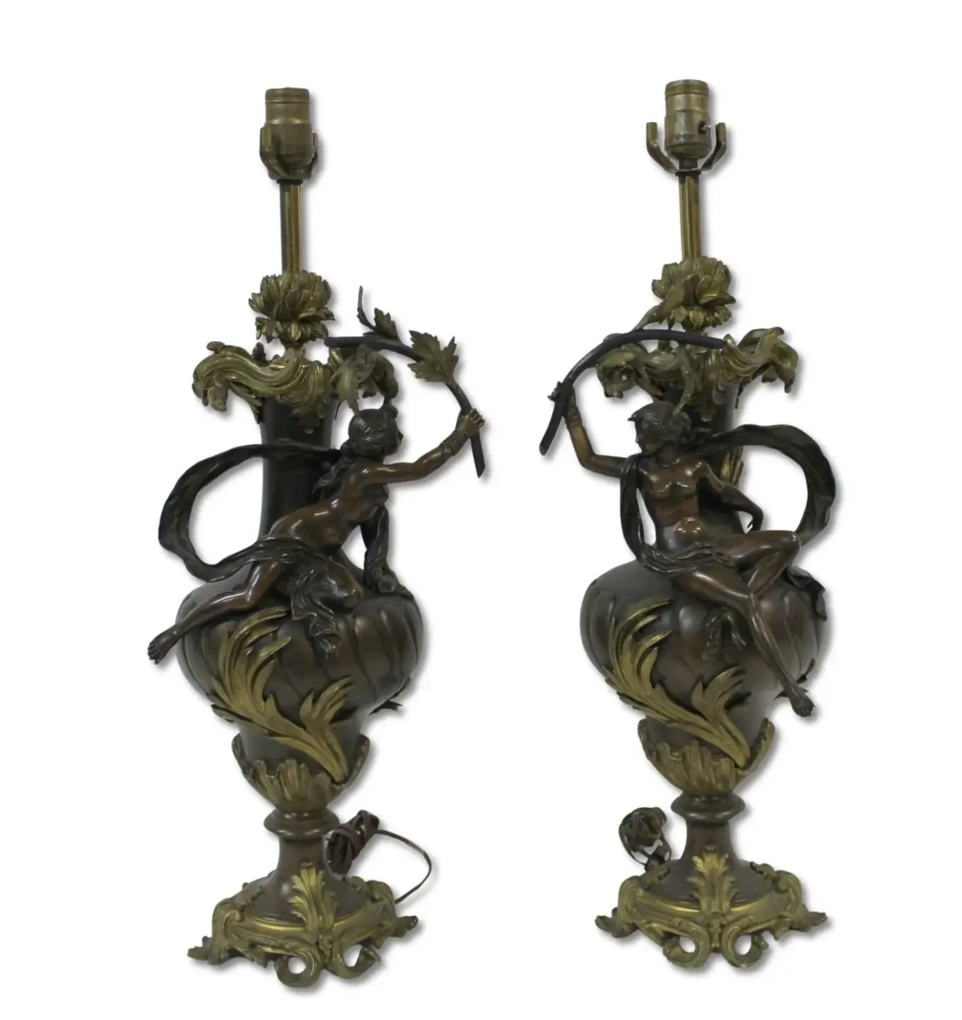 Fine Antique Pr Of Gilt & Patinated Bronze Lamps.