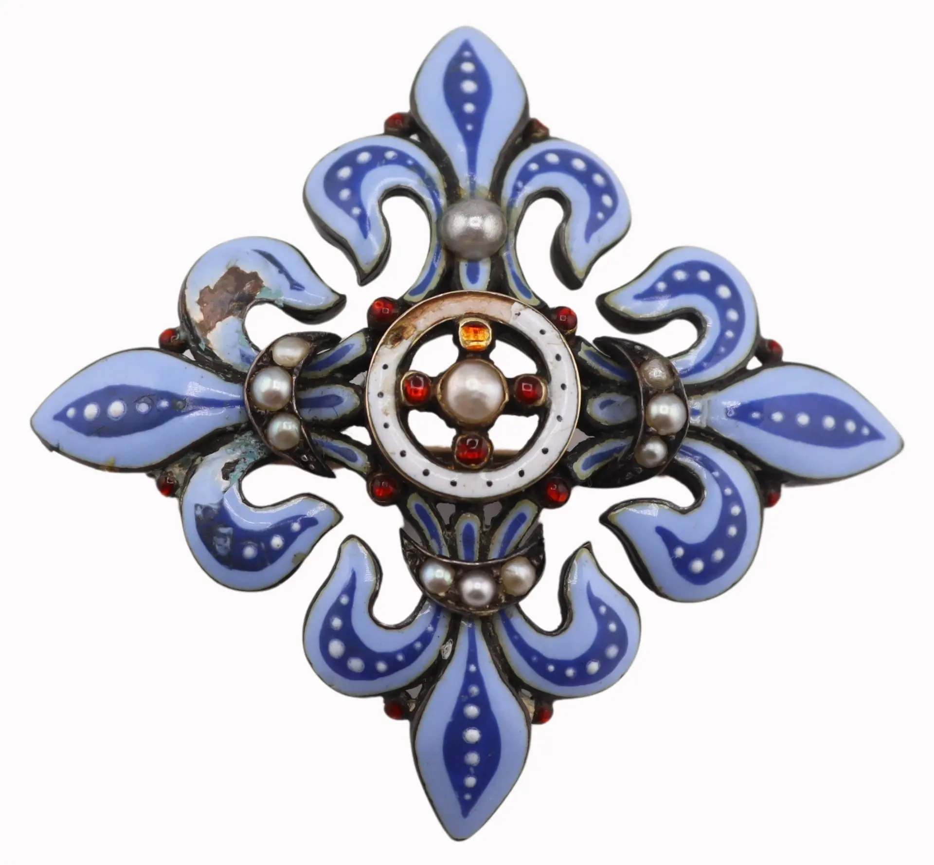 JEWELRY. Antique Enamelled Gold and Pearl Fleur de