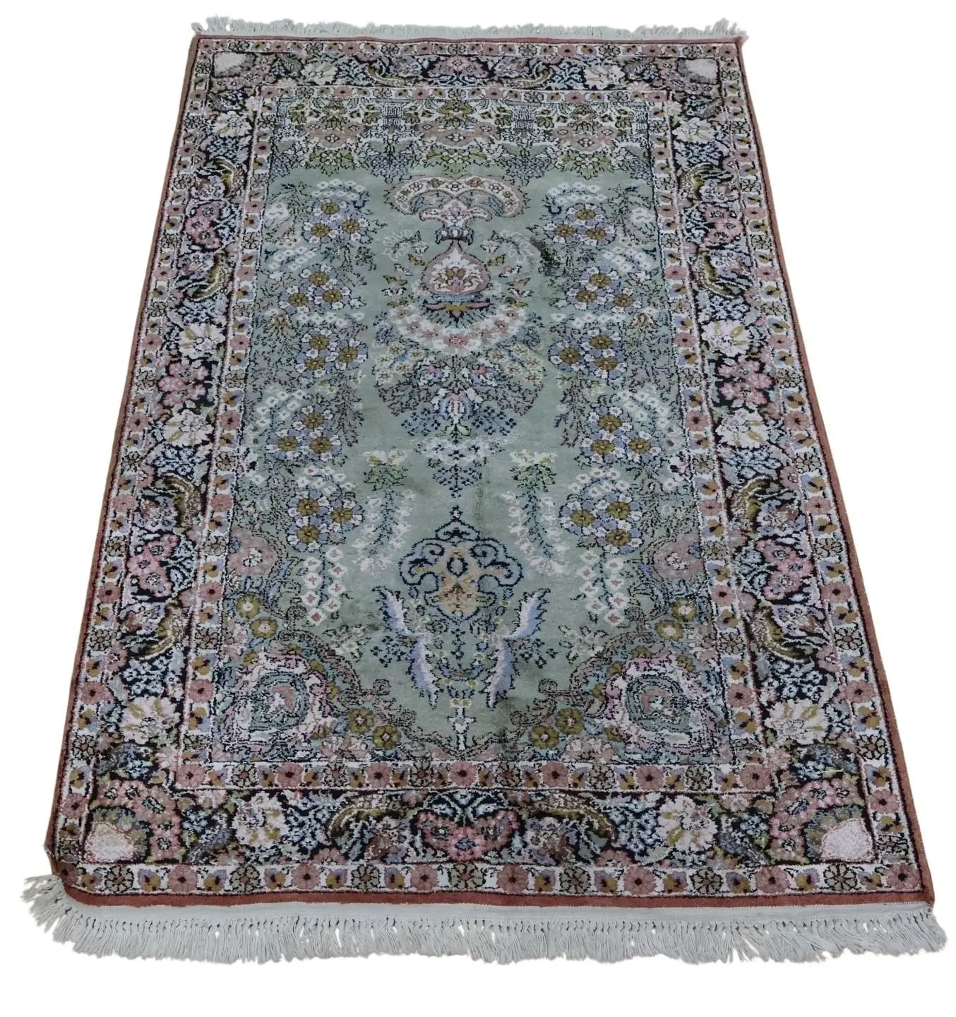 Vintage & Finely Hand Knotted Silk Carpet.