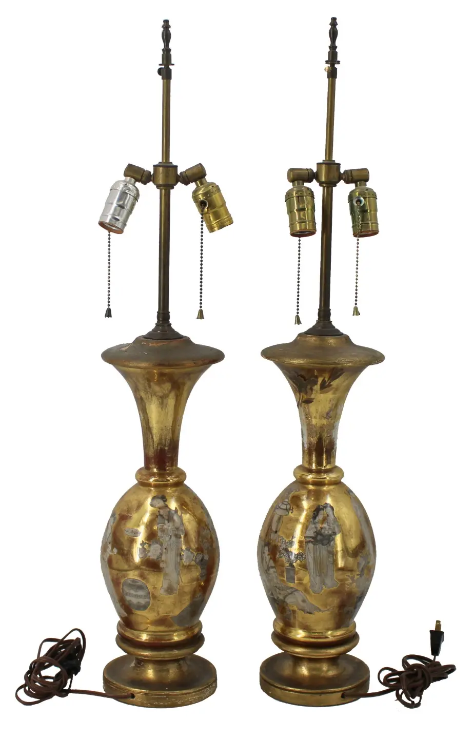 Vintage Near Pair of Chinese Grisaille Gilt Lamps
