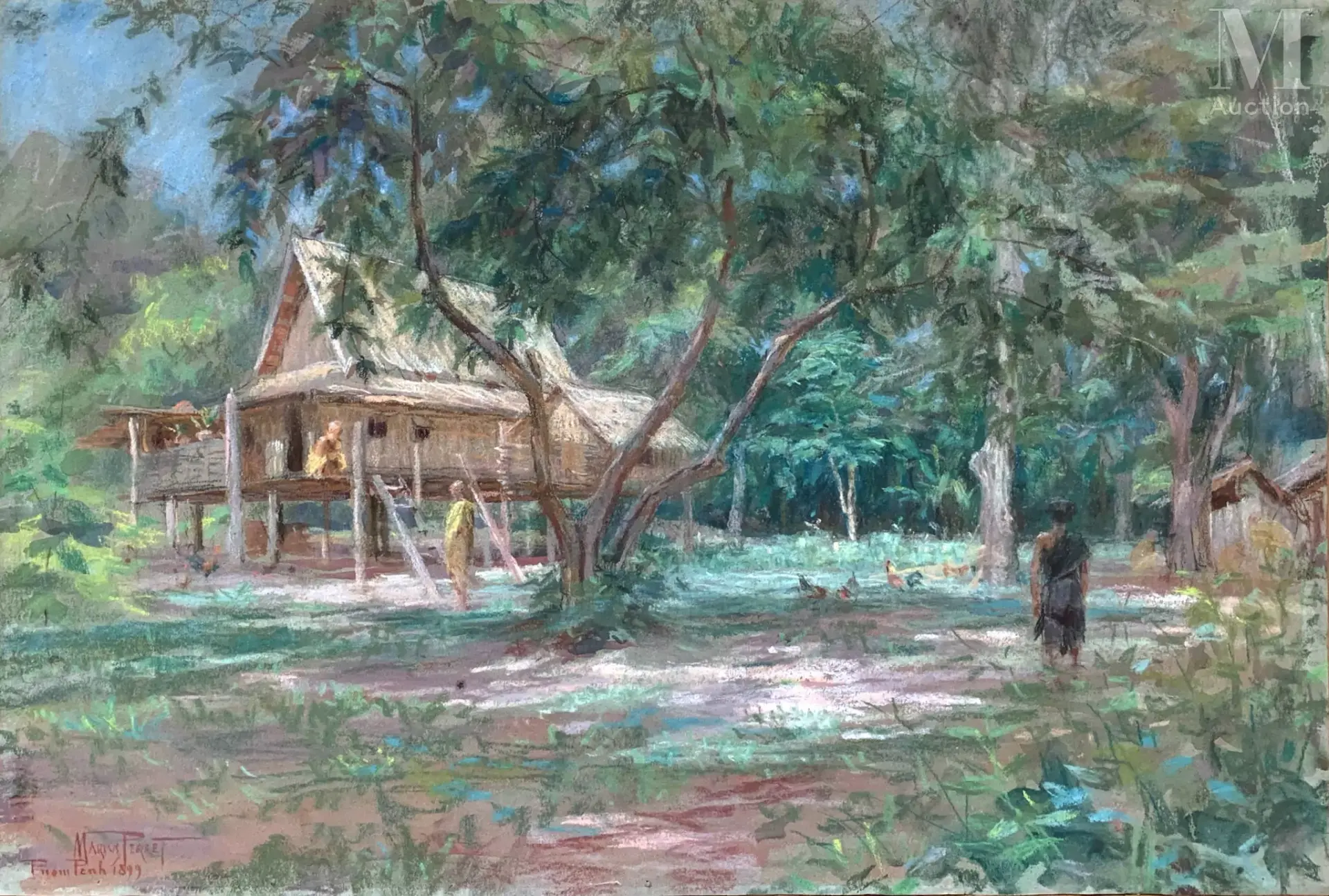 Ⓟ MARIUS PERRET(1853-1900) "Bonzerie à Phnom Penh", 1899