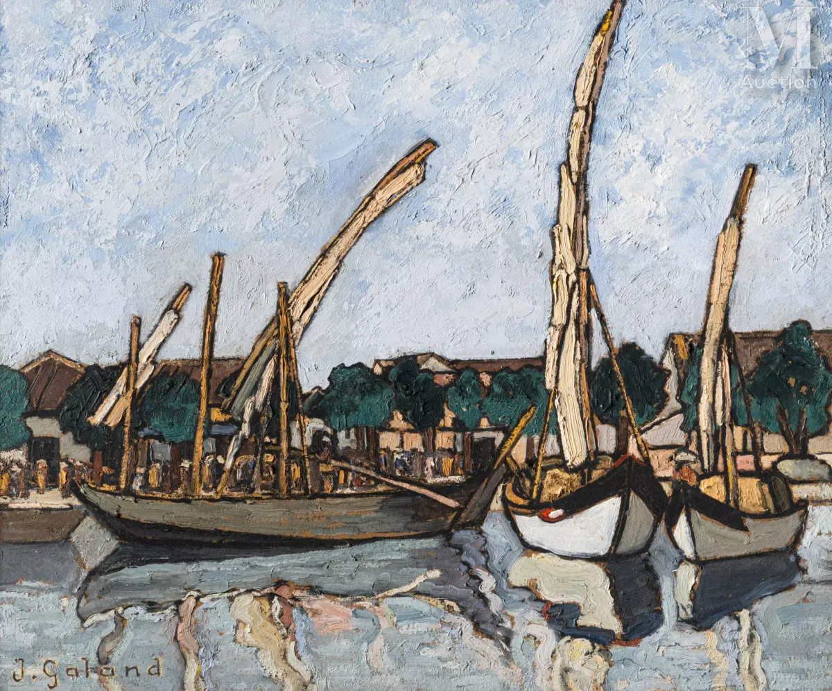 Ⓟ JULES GALAND (1869-1924) "Vue du quai au Vietnam"