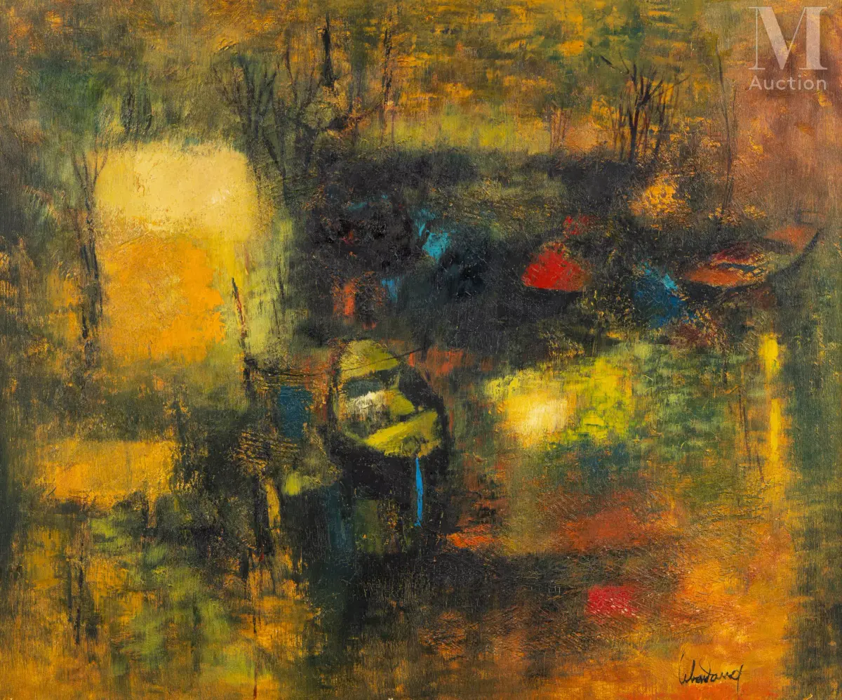 Ⓟ LEBADANG (1921-2015) "Barques jaunes"