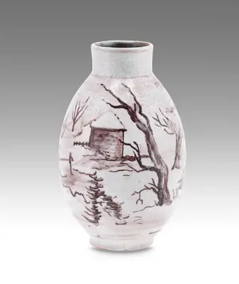 Ernst Huber, Vase mit Winterlandschaft, Schleiss Keramik, Gmunden, nach 1926