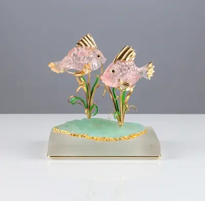 Morganit Fische auf Aquamarin und Bergkristall Sockel, Idar-Oberstein, um 1970