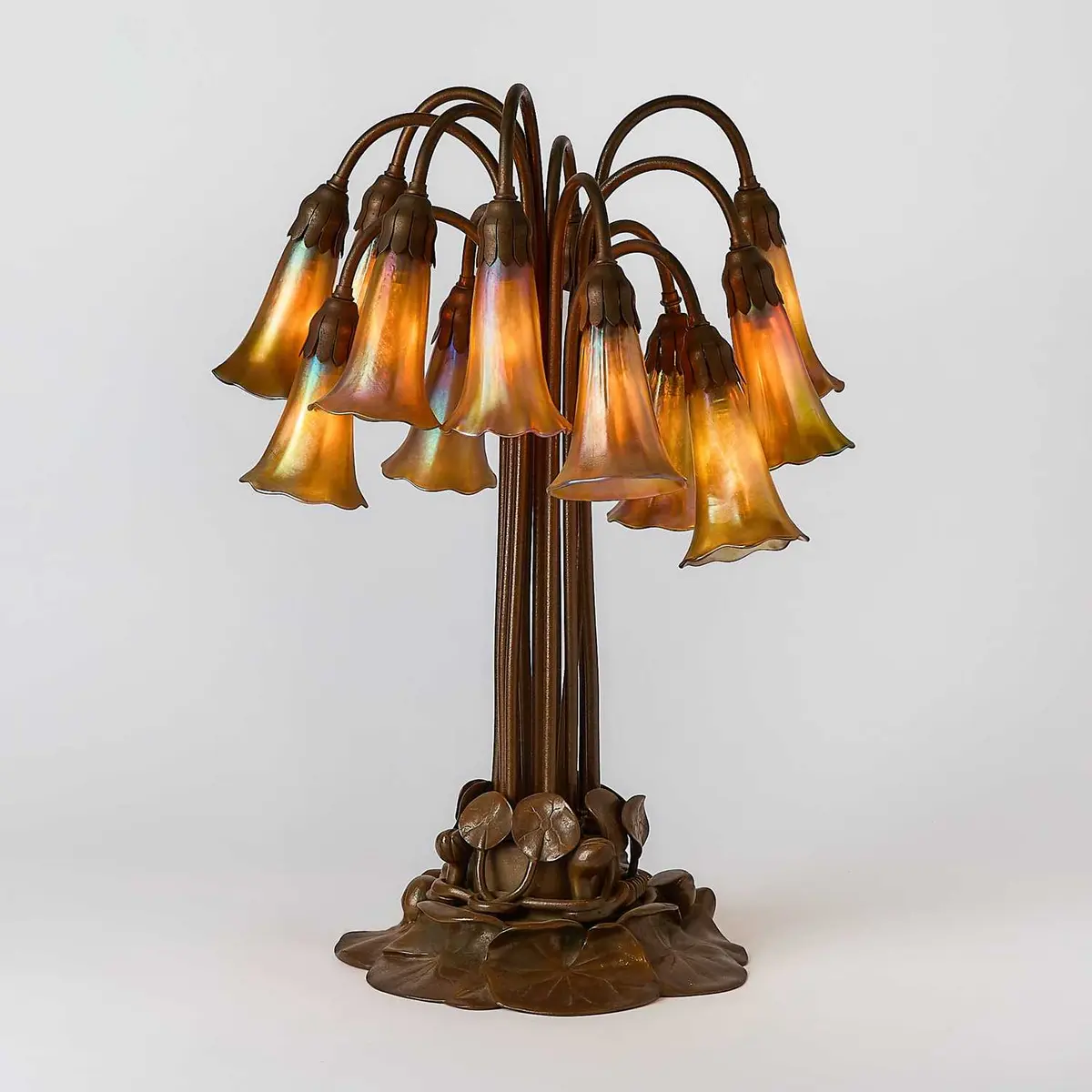 Tiffany Studios Bronze and Favrile Glass Twelve-Light Pond Lily Lamp