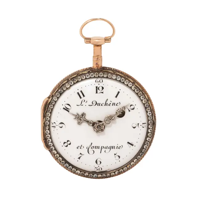L. DUCHÊNE ET COMPAGNIE Spindeltaschenuhr in 18K Roségold mit Diamanten