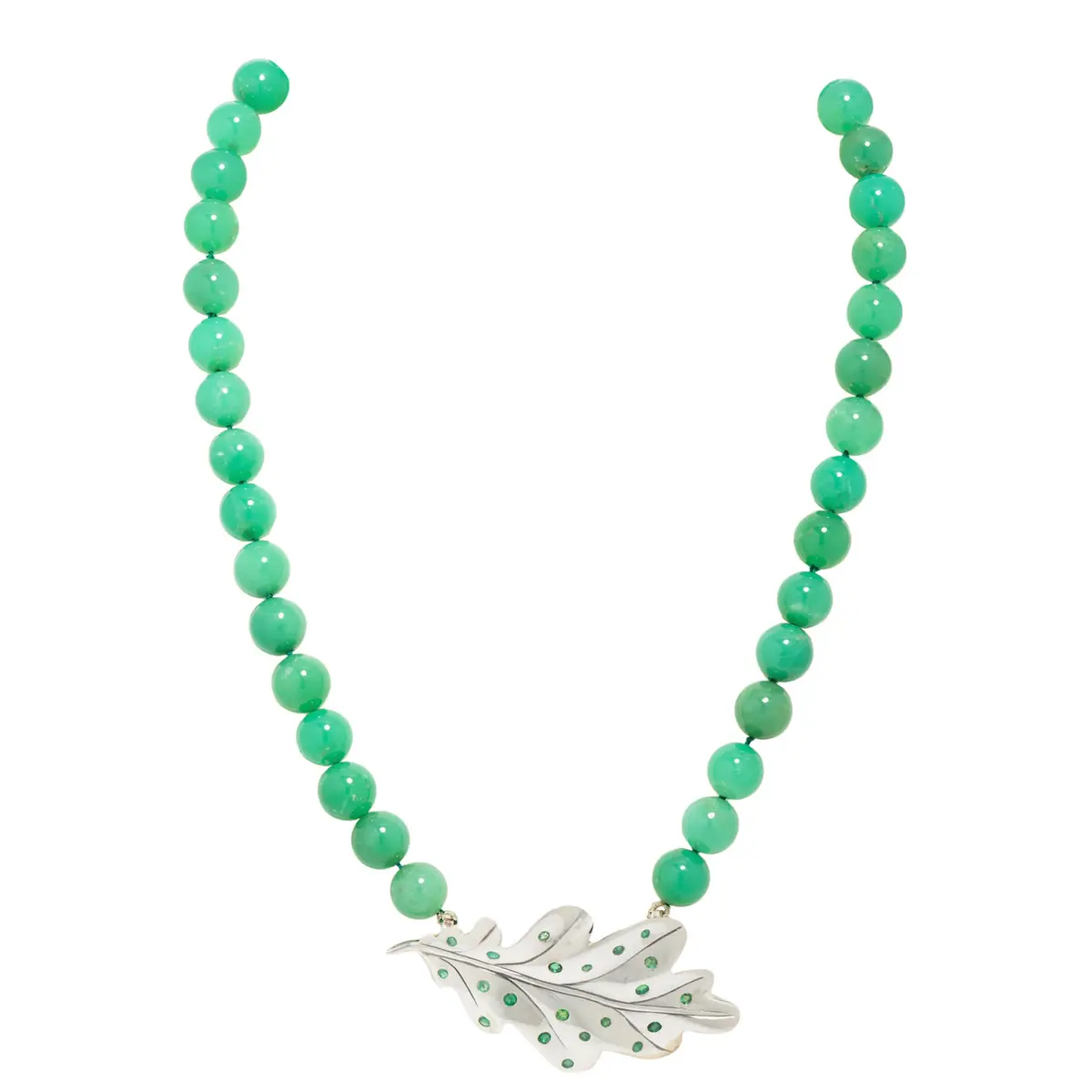 Chrysopraskette mit smaragdbesetztem Eichenblatt