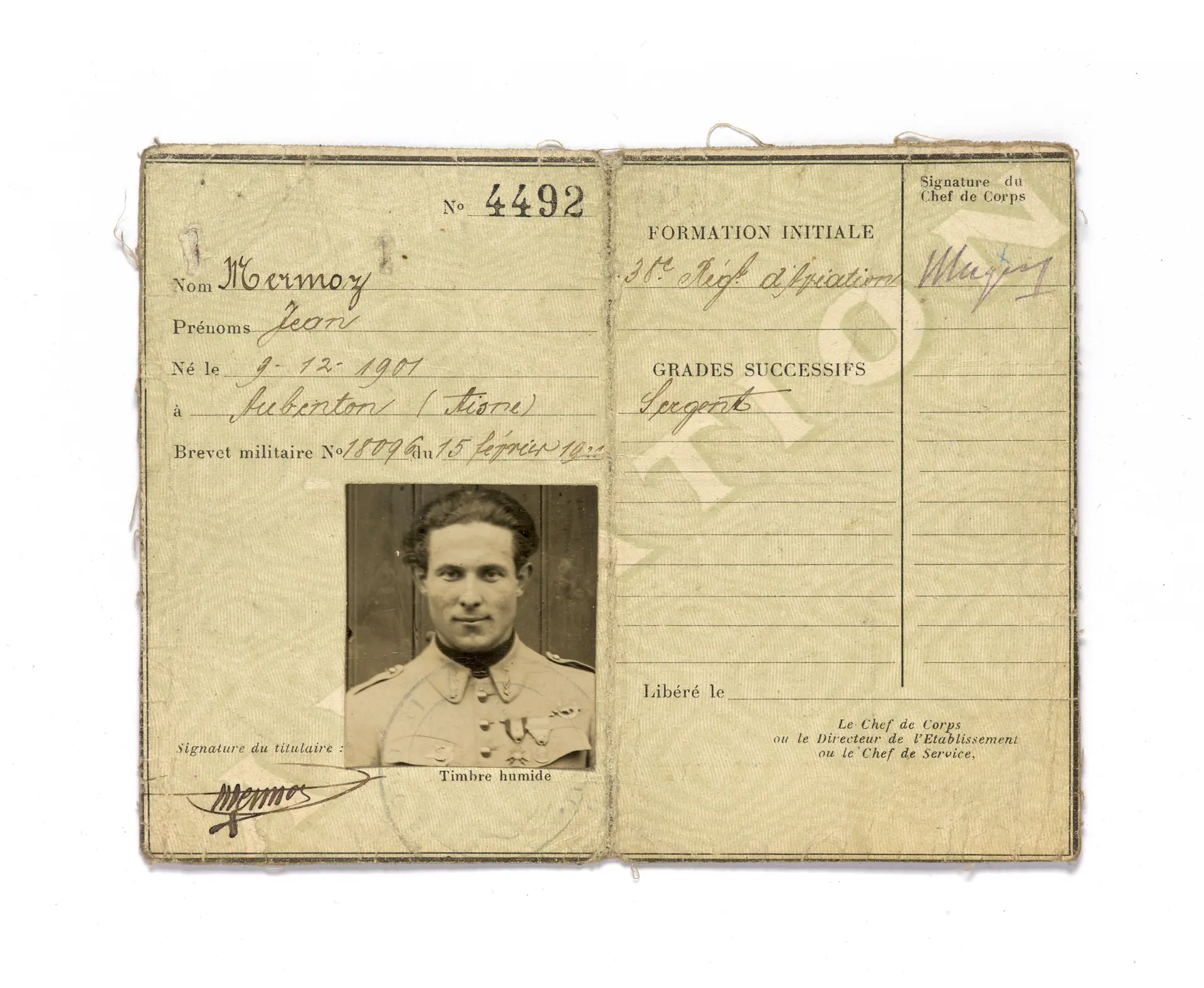 CARTE D’IDENTITÉ MILITAIRE DE PILOTE D’AVIATION AU NOM DE JEAN MERMOZ