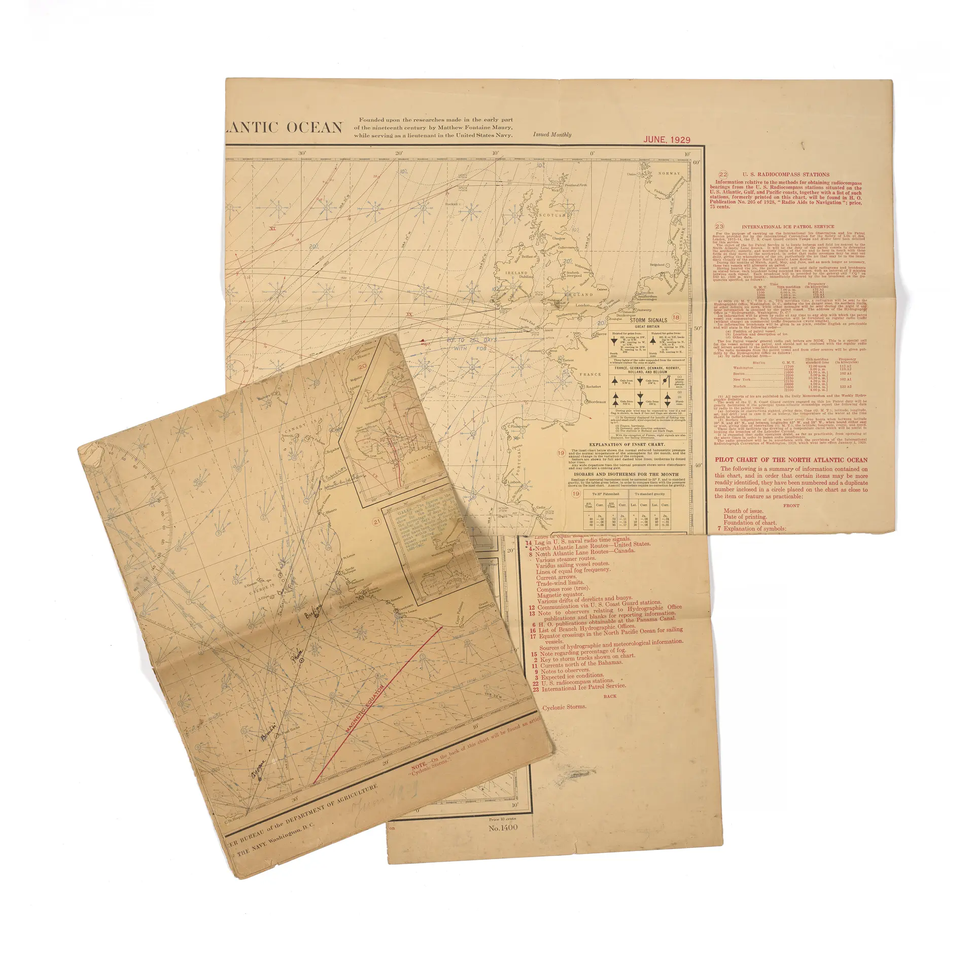 CARTE MÉTÉOROLOGIQUE AVEC PLAN DE VOL MANUSCRIT AYANT APPARTENU À