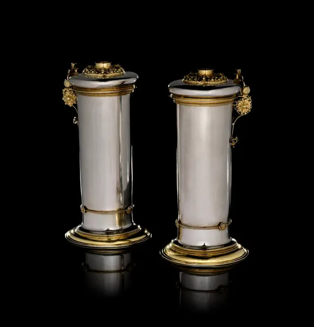 A Latvian pair of parcel-gilt silver tankards, Matthias Rolowes, Riga