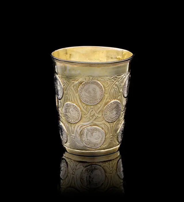 A German parcel-gilt silver beaker with coins, Johann Heinrich Graf