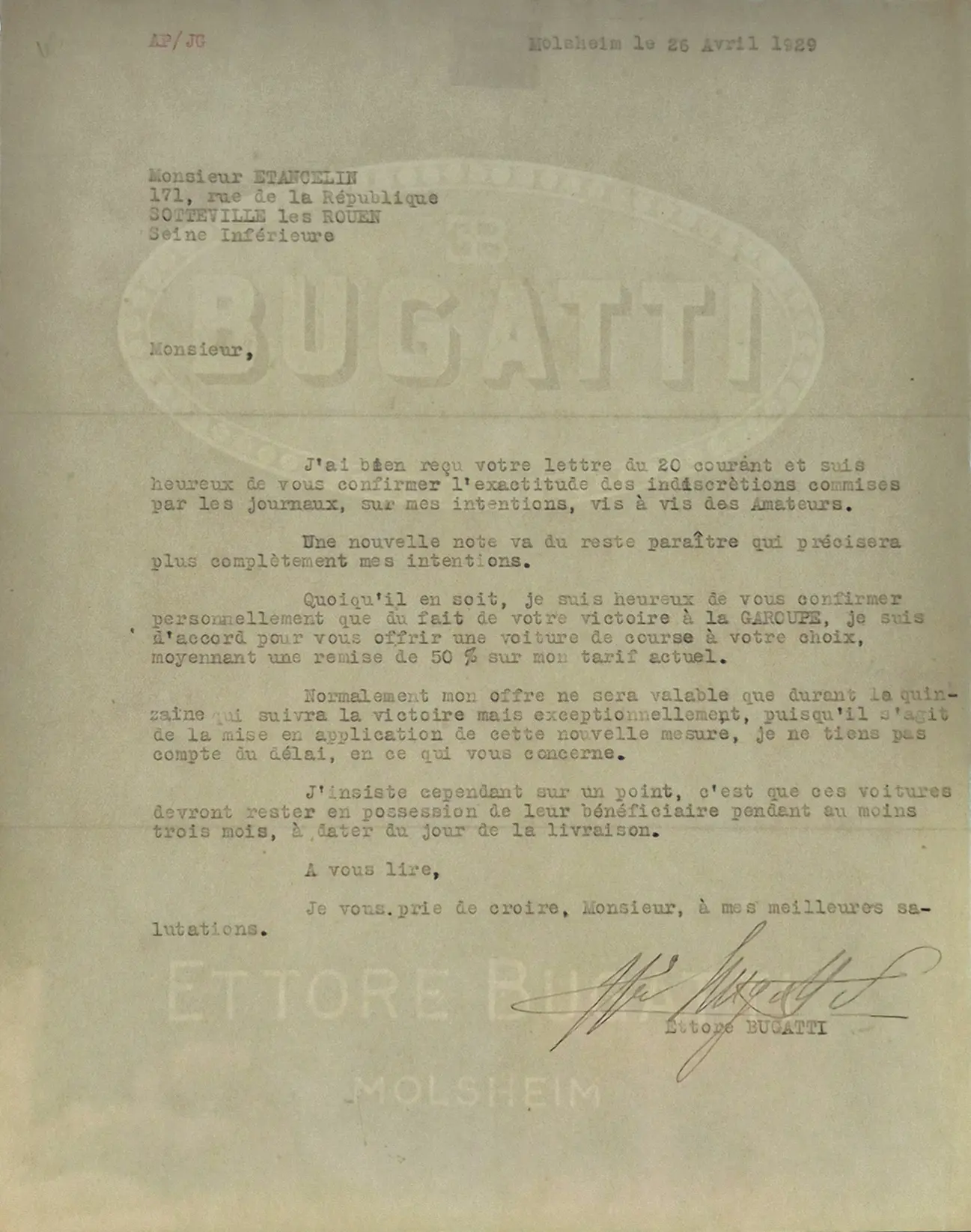 1929 Signed letter from Ettore Bugatti to Philippe Etancelin No reserve