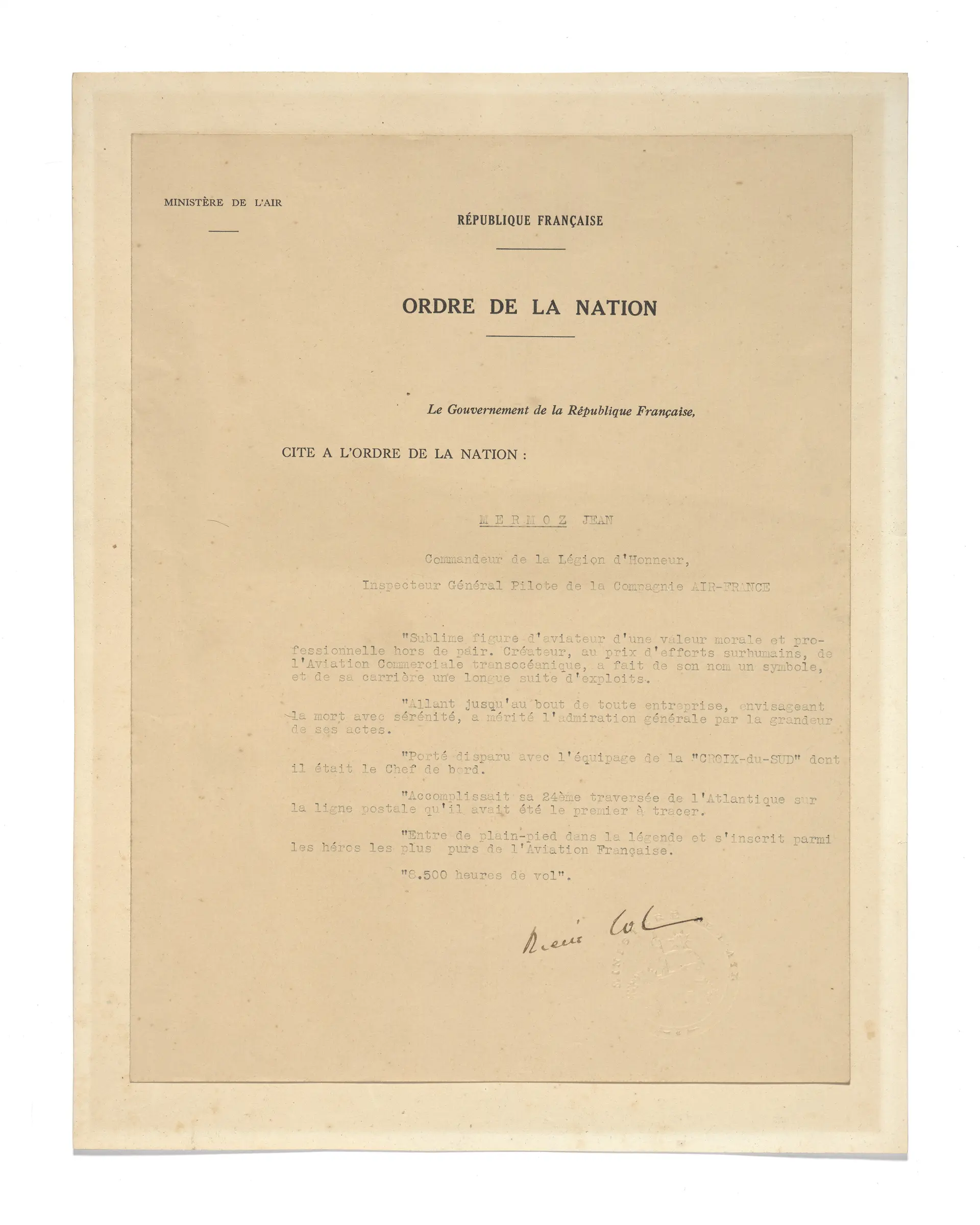 CITATION À L’ORDRE DE LA NATION DU MINISTERE DE L’AIR AU NOM DE JEAN