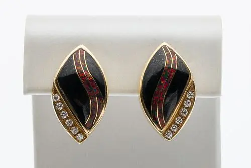 14K Onyx, Opal and Diamond Earrings