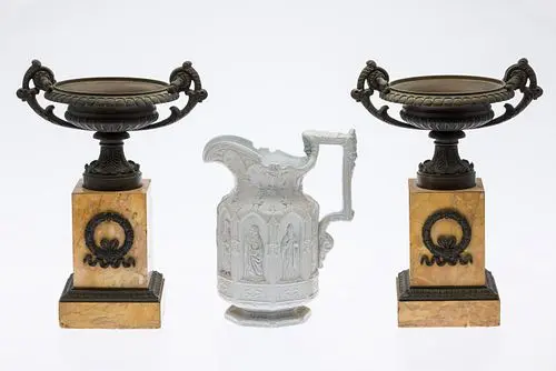 Pair Urns & Stoneware Gothic Style Pitcher, 19th C