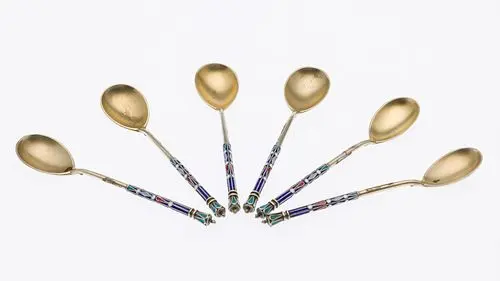 6 Russian Sterling and Enamel Demitasse Spoons