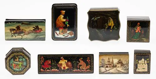 8 Russian Hand-Painted Lacquer Painted Boxes