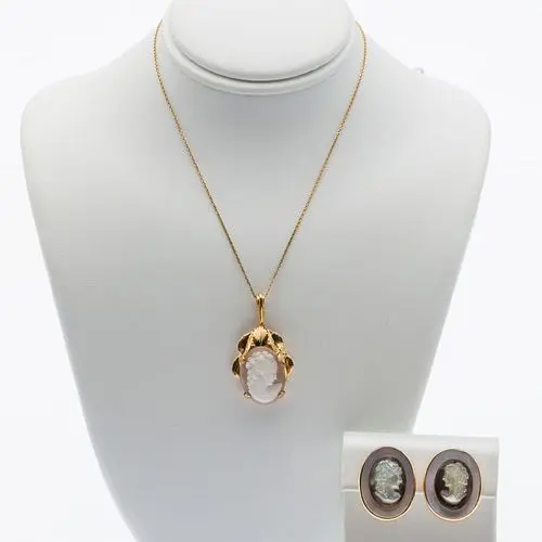 14K Cameo Pendant & Mother-of-Pearl Cameo Earrings