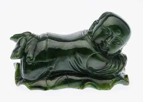 Reclining Green Jade Figure on Wood Stand