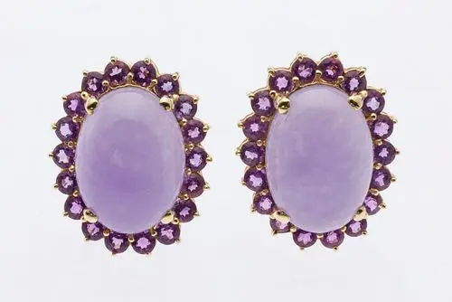 Pair of Lavender Jadeite and Amethyst 14K Earrings