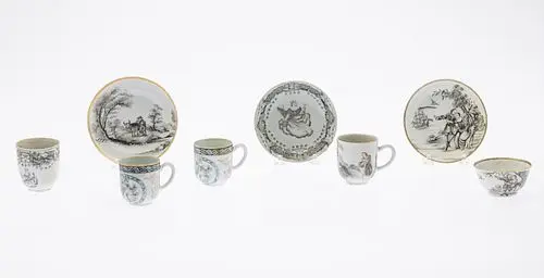 5 Chinese Export Cups & 3 Dishes en Grisaille 18th C