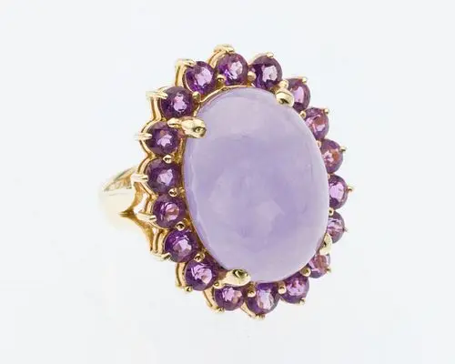 Lavender Jadeite, Amethyst and 14K Gold Ring, Size 5