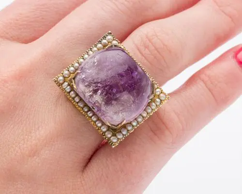 Amethyst, Seed Pearl and 14K Gold Ring, Size 6