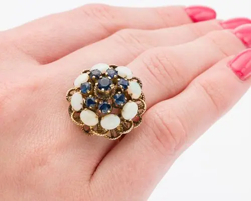 14K Gold, Opal and Sapphire Dinner Ring, Size 7.75