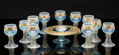 11 German Wine Glasses, Probably Moser & a Compote