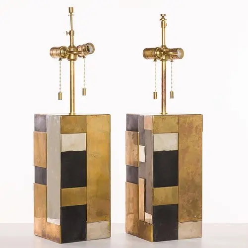 Pair Kelly Wearstler Mixed Metal Bloque Table Lamps