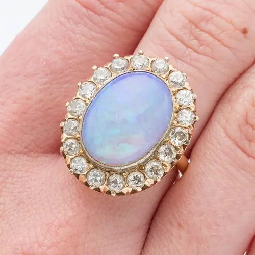 Opal and Old Mine Diamonds 14K gold Ring, Size 8.75