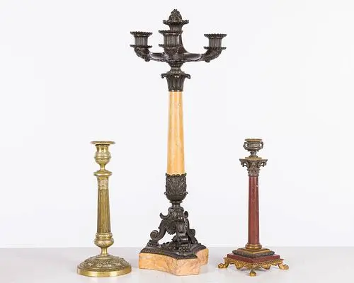 Group of Three Bronze and Stone Candlesticks, 19th C