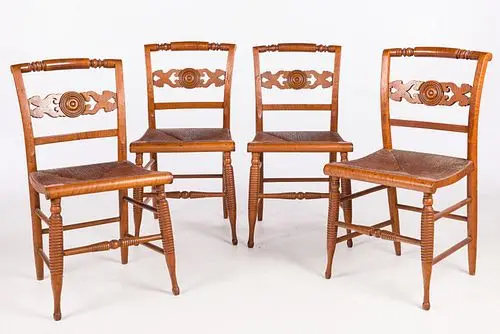 4 Federal Curly Maple Rush Seat Side Chairs, c. 1810