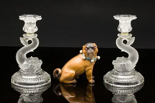 Pair of Glass Dolphin Candlesticks and a Ceramic Dog