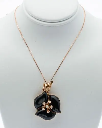 18K Gold, Onyx and Diamond Flower Necklace