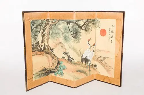Asian Painted Screen with Cranes
