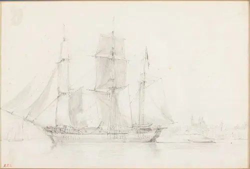 Initial signed M. F., Sailing Ship, Pencil on Paper