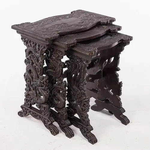 Chinese Carved Wood Nesting Tables with Dragon Motif