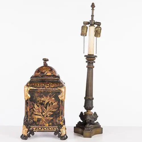 Empire Style Metal Lamp & Painted Tea Cannister