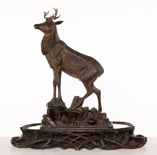 Black Forest Carved Wood Deer and Base, 19th C