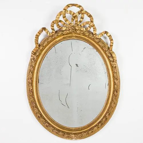 French Louis XVI Style Giltwood Oval Mirror, 19th C