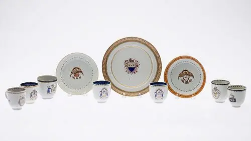 7 Chinese Export Armorial Cups, 2 Dishes & a Plate