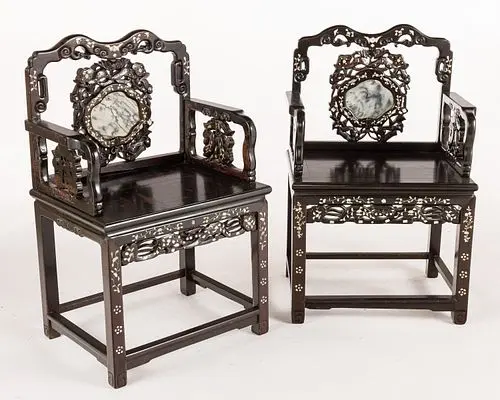 Pair Chinese MOP and Marble Inset Hardwood Armchairs
