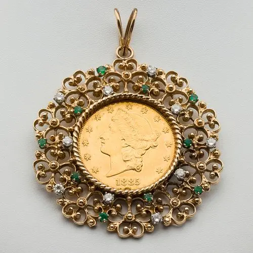 1885 Liberty Head Gold Coin Diamond &Emerald Pendant