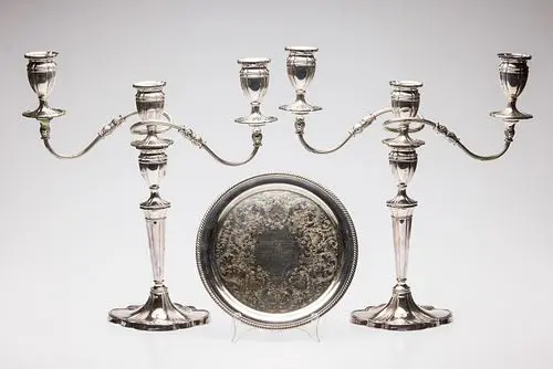Pair Silverplate 3 Light Candelabra & Serving Tray