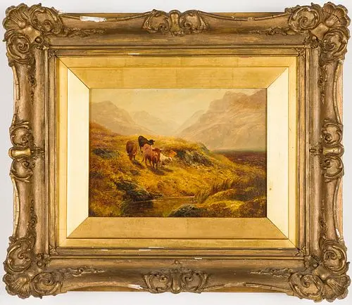 British School, Highland Cattle Scene, Oil on Board