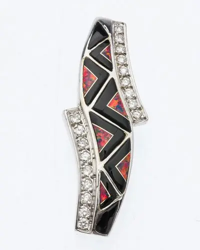 14K Gold Onyx, Opal and Diamond Pendant