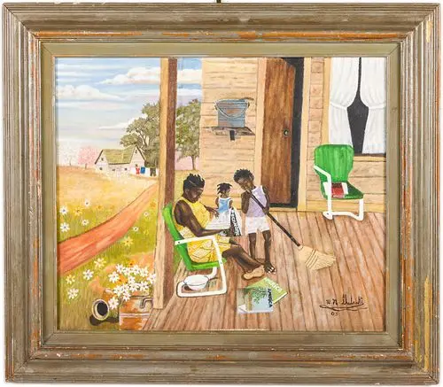 Folk Art Painting of Figures on Porch